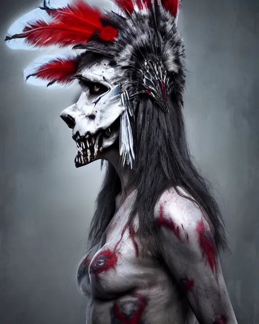 Image similar to wolf mutant ghost - spirit of the grim - warpaint wears the scarlet skull armor and native blood headdress feathers, midnight fog - mist!, dark oil painting colors, realism, cinematic lighting, various refining methods, micro macro autofocus, ultra definition, award winning photo, photograph by ghostwave - gammell - giger - shadowlord