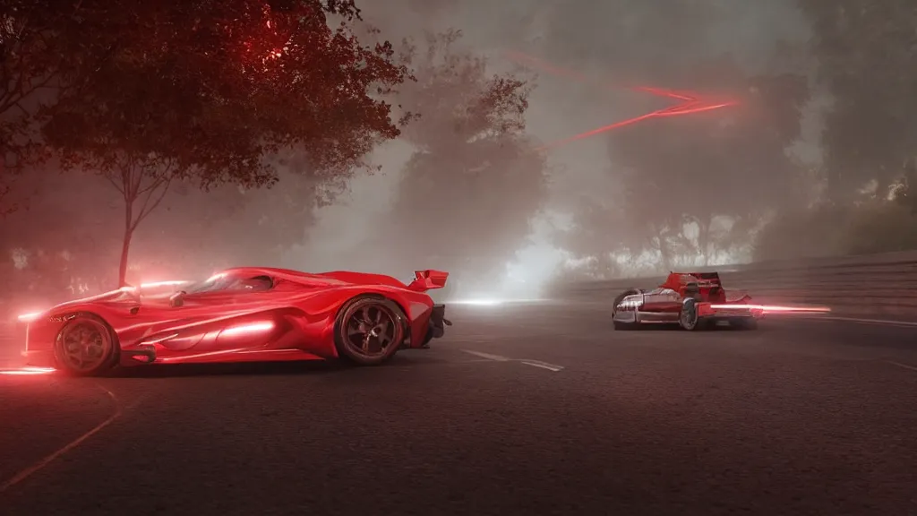 Image similar to Racing car red trail behind it, cinematic shot, epic, volumetric lighting, made by Stanley Artgerm Lau, WLOP, Rossdraws, ArtStation, CGSociety, concept art, cgsociety, octane render, trending on artstation, artstationHD, artstationHQ, unreal engine, 4k, 8k,