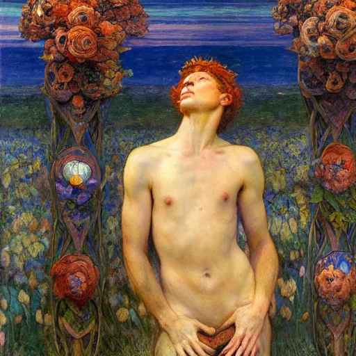 Image similar to the flower prince is dying, by Annie Swynnerton and Diego Rivera and Elihu Vedder, symbolist, dramatic lighting, elaborate geometric ornament, Art Brut, soft cool colors,smooth, sharp focus, extremely detailed, Adolf Wölfli and Donato Giancola