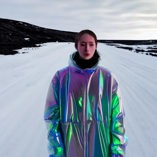 Prompt: an ultra high definition professional studio quality photograph of an artificially intelligent cyberpunk art influencer wearing a transparent iridescent pastel coloured face visor and matching bubbly puffy raincoat on white coat hook in a sheer icelandic black rock environment. dramatic lighting. volumetric shadows. light rays