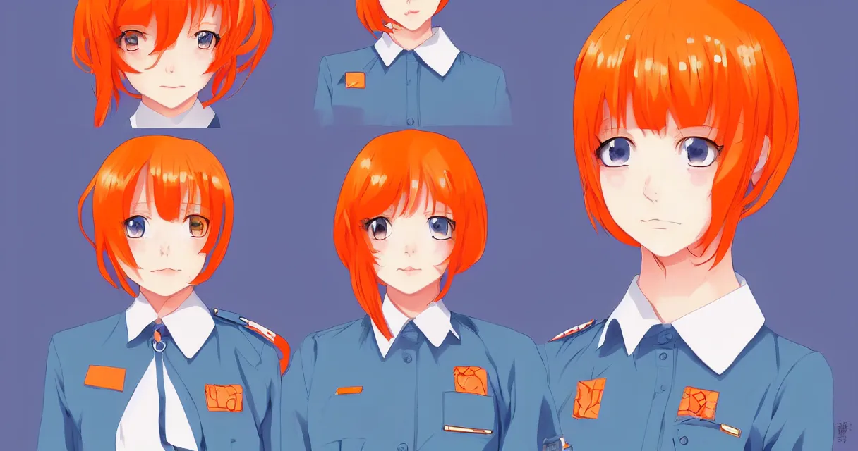 Prompt: very beautiful young anime girl with orange hair, dressed in soviet pioneer uniform, full body, sky blue eyes, full round face, front view, middle, highly detailed, colored manga drawing by wlop popular on artstation