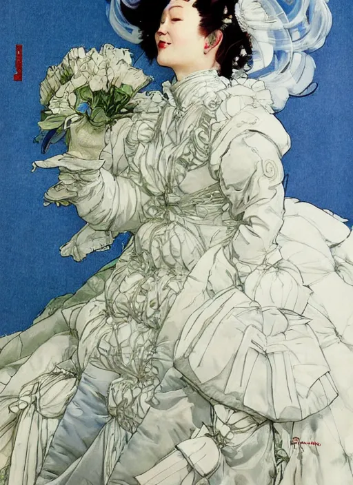 Image similar to a low angle copic maker art nouveau portrait of nobara kugisaki detailed features wearing a puffy futuristic wedding dress designed by balenciaga by john berkey, norman rockwell akihiko yoshida