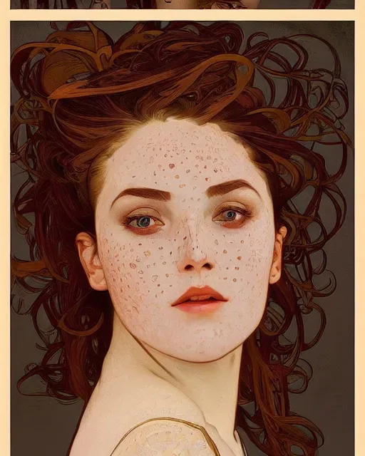 Prompt: Portrait of a Beautiful ravishing Envious modern woman, trending on ArtStation, Alphonse Mucha, Detailed, Realism Symmetrical Face, Photorealistic Color Scheme. Freckles, Blemishes