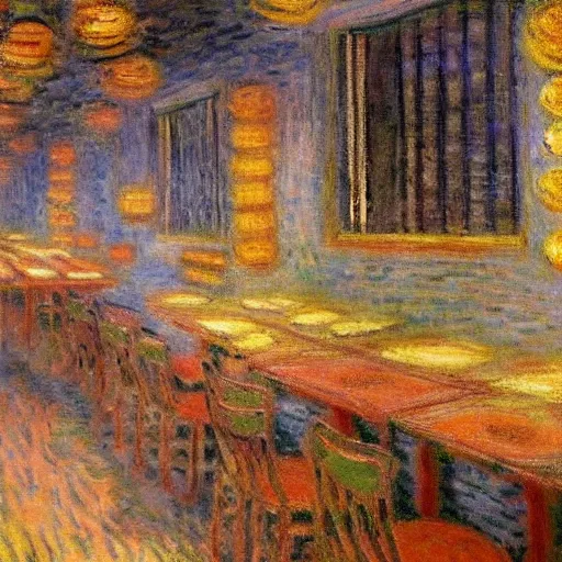 Prompt: a lonely ramen restaurant in a giant city by claude monet