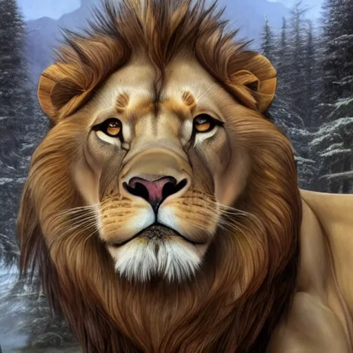 Image similar to clear portrait of a anorexic lion, hideous appearance, nature background, malnourished, cottagecore!!, background hyper detailed, character concept, full body, dynamic pose, intricate, elegant, highly detailed, digital painting, artstation, concept art, smooth, sharp focus, illustration, art by artgerm and greg rutkowski and alphonse mucha