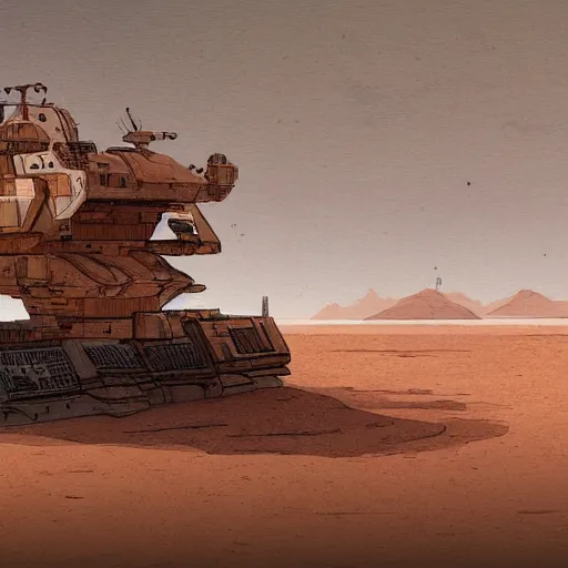 Prompt: sci-fi barge floating over a desert landscape in the style of Ian McQue