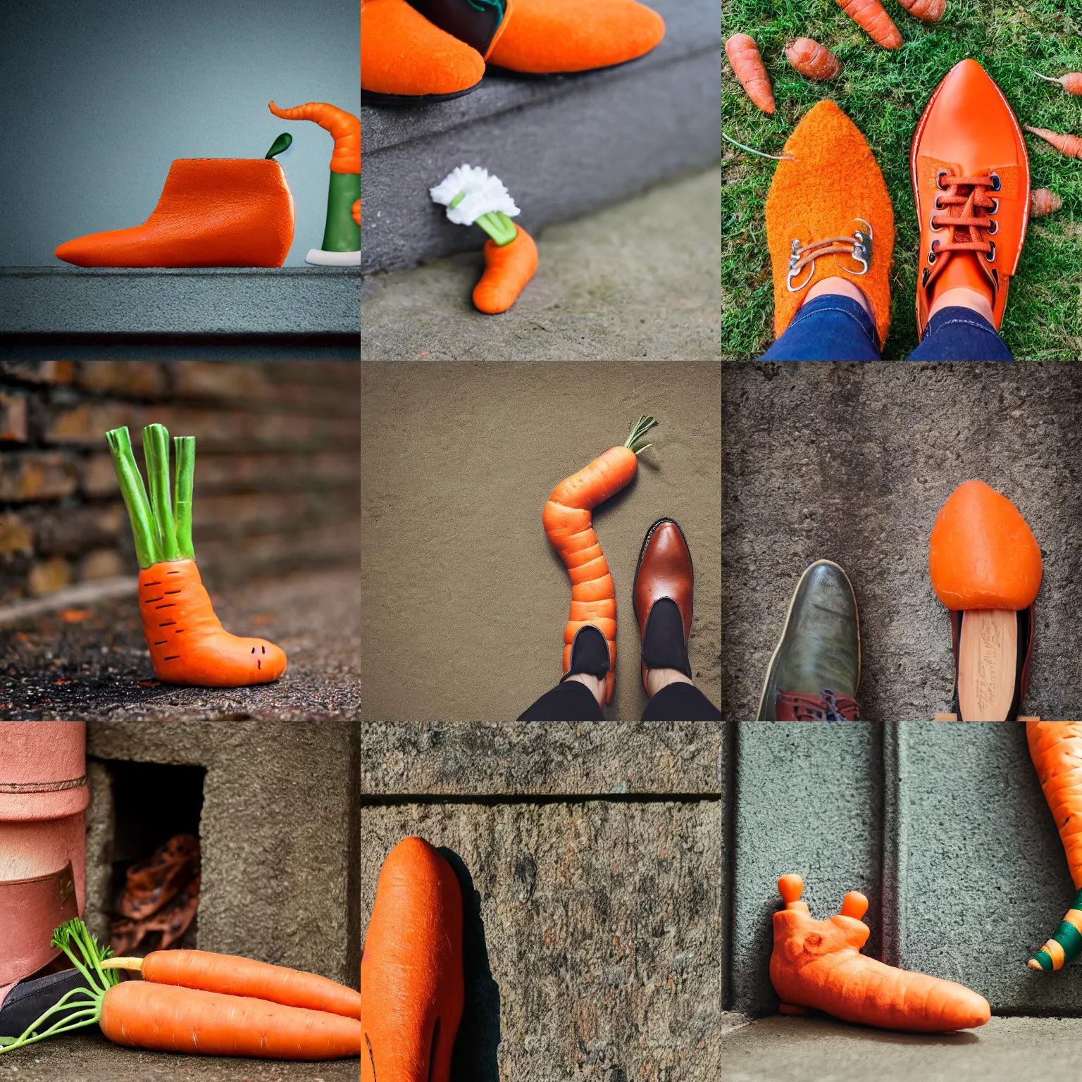 Prompt: a carrot in a shoe next to a chimney