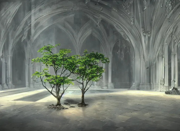 Prompt: clean neat clarity professional visual development set design, large gothic hall, sparse plants, dim painterly lighting volumetric aquatics, impasto, trending on pixiv