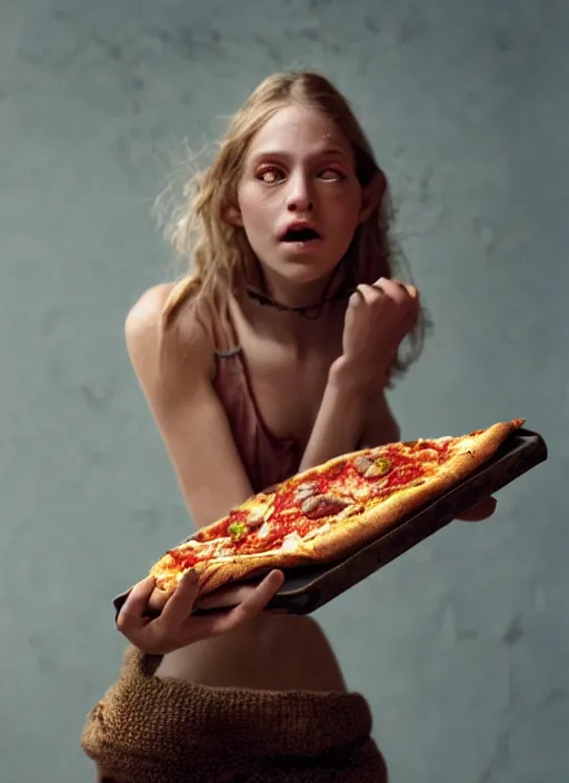 Image similar to closeup portrait of a medieval goblin eating pizza, depth of field, zeiss lens, detailed, symmetrical, centered, fashion photoshoot, by Annie Leibovitz and Steve McCurry, David Lazar, Jimmy Nelsson, Breathtaking, 8k resolution, extremely detailed, beautiful, establishing shot, artistic, hyperrealistic, beautiful face, octane render