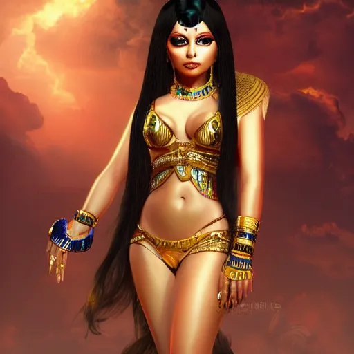 Image similar to portait egyptian princess haifa wehbe as cleopatra, centred, very long hair, hd, unreal engine, art digital painting, final fantasy style, amazing background theme