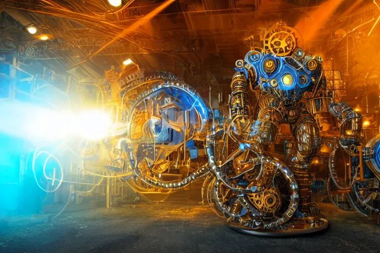 Prompt: portrait photo of a giant huge golden and blue metal steampunk robot, with gears and tubes, foam machine emitting extinguishing foam, eyes are glowing red lightbulbs, shiny crisp finish, 3 d render, 8 k, insaneley detailed, fluorescent colors, background is multicolored lasershow