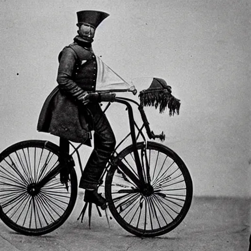 Prompt: a vintage photo of a knight in armor riding a pennyfarthing bicycle-H 768