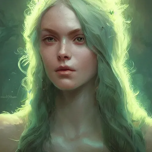 Prompt: portrait of a beautiful young woman with glowing blue eyes, flowing white hair, dressed in a green, detailed face, fantasy, highly detailed, cinematic lighting, digital art painting by greg rutkowski and artgem, trending on artstation, very very beautiful, very attractive