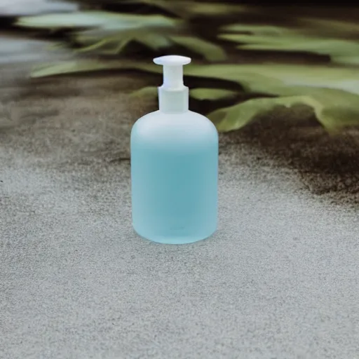 Image similar to perfume bottle standing in splashing tropical sea foam, surrounded by leafy trees, light pastel blue sky and clouds in the background, softly - lit, soft - warm, zen, light, modern minimalist f 2 0 clean