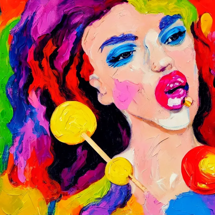 Image similar to portrait of beautiful woman licking a lollipop painted with colorful gouache impasto