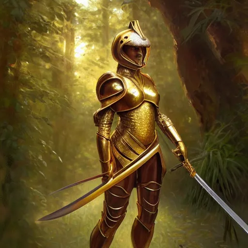 Image similar to photo of a humanoid chameleon dressed in armor with a golden helmet on the head, hold sword in the forest, highly detailed, digital painting, artstation, smooth, sharp focus, illustration, art by artgerm and greg rutkowski and alphonse mucha