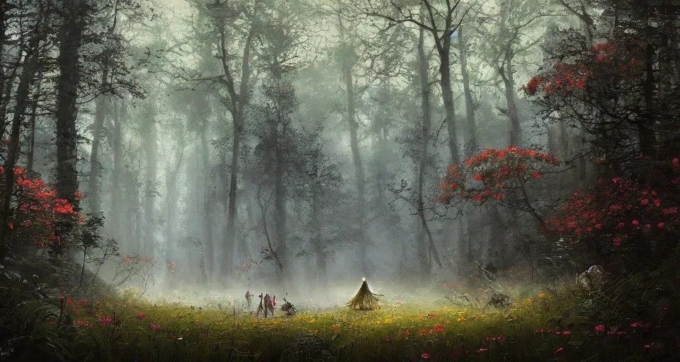 Image similar to Enchanted and magic forest full of wild flowers, space ship landing by JAKUB ROZALSKI