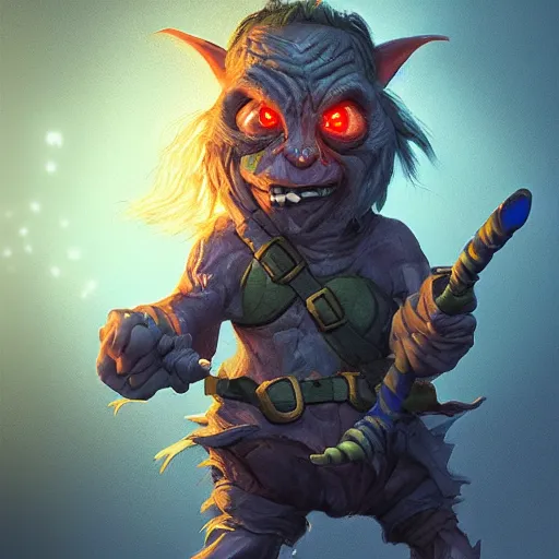 Prompt: a goblin throwing a haphazard bomb at the viewer, style of BalanceSheet, trending on artstation, high detail, epic, masterpiece, blue lighting