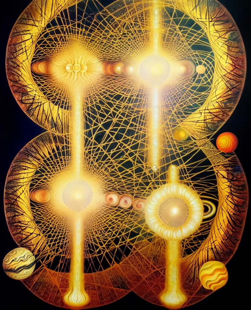 Image similar to a golden child radiates a unique canto'as above so below'while being ignited by the spirit of haeckel and robert fludd, breakthrough is iminent, glory be to the magic within, in honor of jupiter's day, painted by ronny khalil