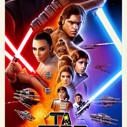 Image similar to super detailed star wars movie poster with ben shapiro, snooki and kim kardashian, 8k full HD photo, cinematic lighting, anatomically correct, oscar award winning, action filled, correct eye placement,