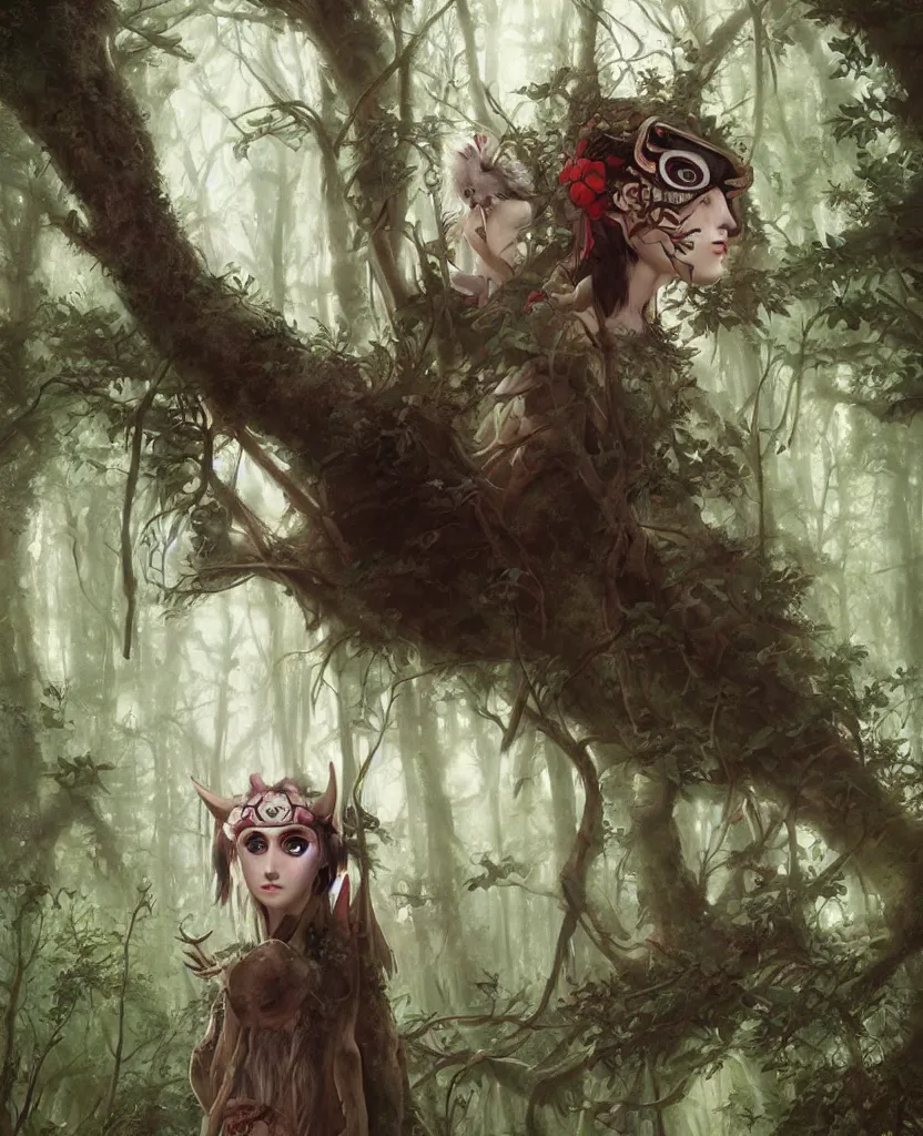 Prompt: portrait of Princess Mononoke wearing mask, lush forest landscape, painted by tom bagshaw, proko, artgerm, norman rockwel, james gurney, denoised, sharp,