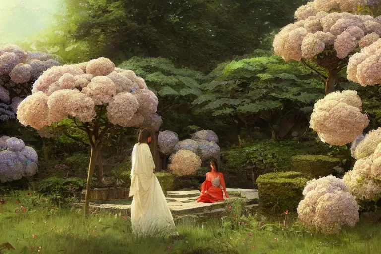 Image similar to a beautiful painting of the garden of hydrangea, shrine, two people, by greg rutkowski, trending on artstation