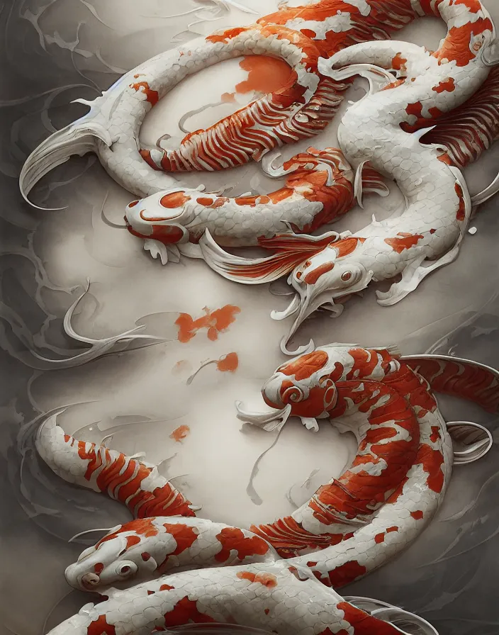 Image similar to subsurface scattering, white, koi, samurai deity with koi armor, art nouveau swirls, octane render, by jesper ejsing, james jean, justin gerard, tomasz alen kopera, cgsociety and fenghua zhong, highly detailed, rim light, cinematic lighting, art, very coherent, cinematic, hyper realism, high detail, 8 k