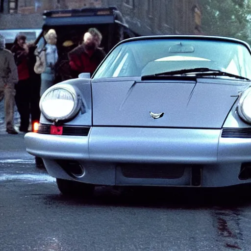 Image similar to porsche 911 in back 2 the future. trail of fire on street. 88mph. lightning strike