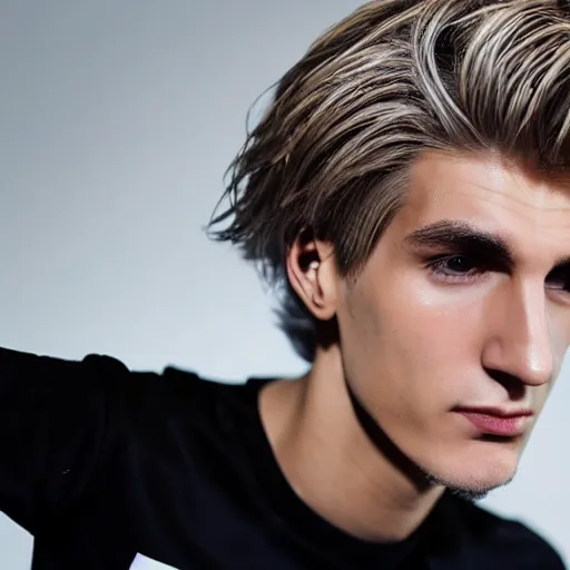 Image similar to a closeup shot of handsome xqc, gigachad, strong jawline, photorealism, 8k