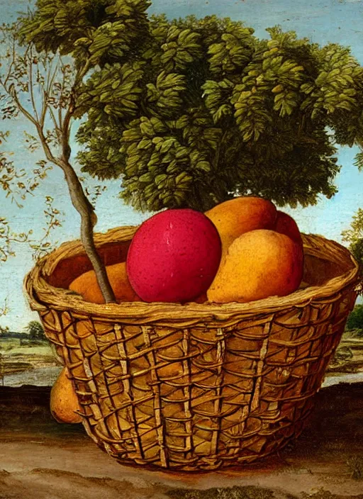 Image similar to a 1 6 th century oil painting of a fruit in a basket beside a tree. high quality scan