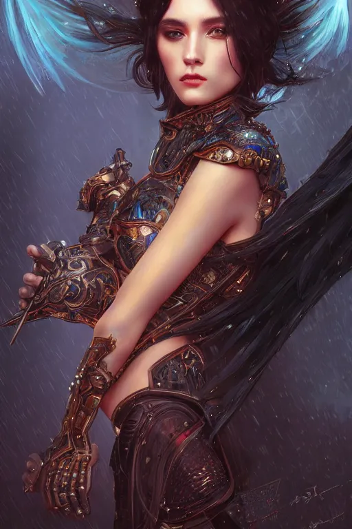 Image similar to portrait evilly knights of Zodiac girl smoky eyes, black fire color reflected armor, in ruined Agora of Athens rainy night, ssci-fi and fantasy, intricate and very very beautiful and elegant, highly detailed, digital painting, artstation, concept art, smooth and sharp focus, illustration, art by tian zi and WLOP and alphonse mucha