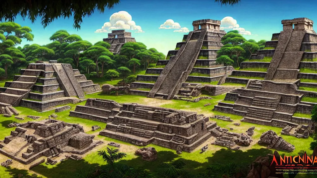 Image similar to ancient mayan ruins, studio ghibli, pixar and disney animation, sharp, rendered in unreal engine 5, highly detailed, digital painting, artstation, concept art, smooth, sharp focus, illustration, wide angle, artbook, wallpaper, splash art, promo art, dramatic lighting, art by artgerm and greg rutkowski and bo chen and jin xiaodi