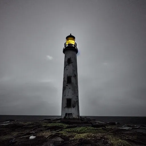 Prompt: Eerie tall dilapidated light house at night, storm raging