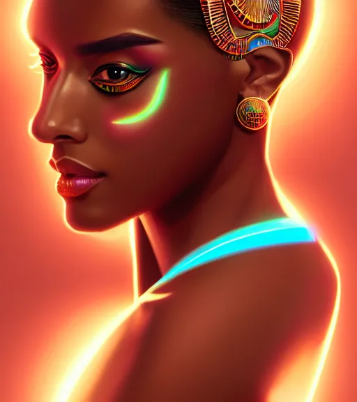 Image similar to symmetry!! egyptian princess of technology, solid cube of light, hard edges, product render retro - futuristic poster scifi, lasers and neon circuits, brown skin gorgeous egyptian princess, intricate, elegant, highly detailed, digital painting, artstation, concept art, smooth, sharp focus, illustration, dreamlike, art by artgerm