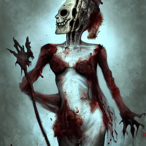 Prompt: pale necro beautiful bone girl, decaying rich bleeding colors!, digital painting, black void liminal realm, devianart, a picture taken by Michael Komarck and jason voorhees and freddy krueger