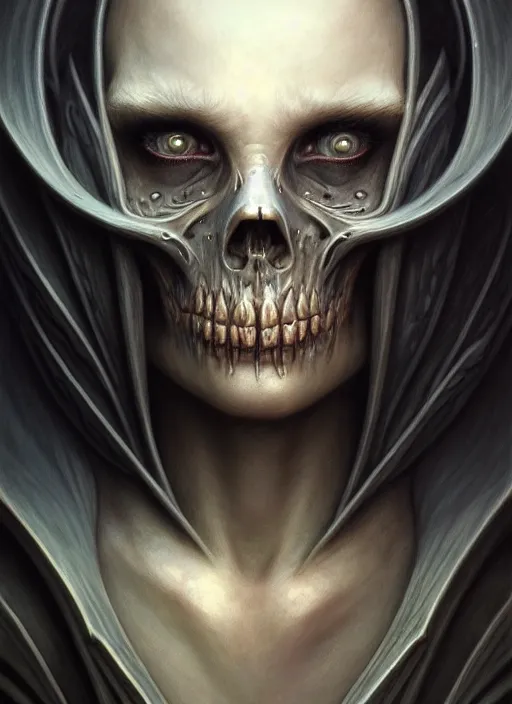 Image similar to closeup portrait shot of a grim reaper in a scenic dystopian environment, intricate, elegant, highly detailed, centered, digital painting, artstation, concept art, smooth, sharp focus, illustration, artgerm, tomasz alen kopera, peter mohrbacher, donato giancola, joseph christian leyendecker, wlop, boris vallejo