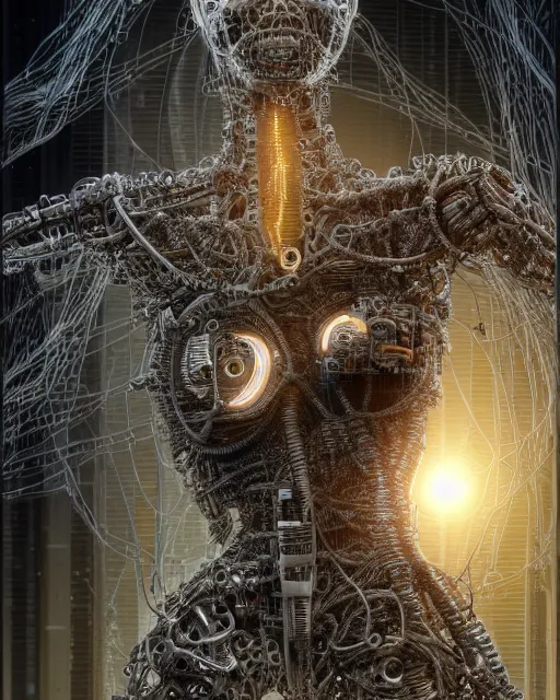 Image similar to photo of a biomechanical torso of a cyborg plugged into a quantum computer with cables and wires. cyberpunk horror style. art by luis royo. highly detailed 8 k. intricate. nikon d 8 5 0 5 5 mm. award winning photography.