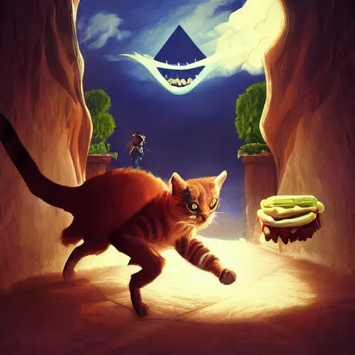 Image similar to deeply scared cat running away from the giant carnivorous sandwich, artstation hq, dark phantasy, stylized, symmetry, modeled lighting, detailed, expressive, true unsimulated emotions, created by hayao miyazaki