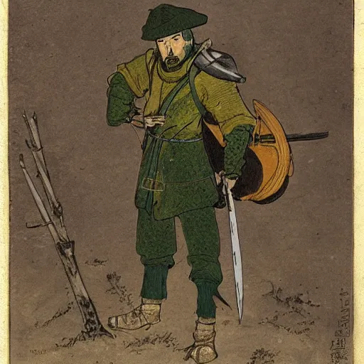 Image similar to a medieval hunter man with japanese ethnicity and stubble, chartreuse color scheme, fantasy character portrait by gustave baumann