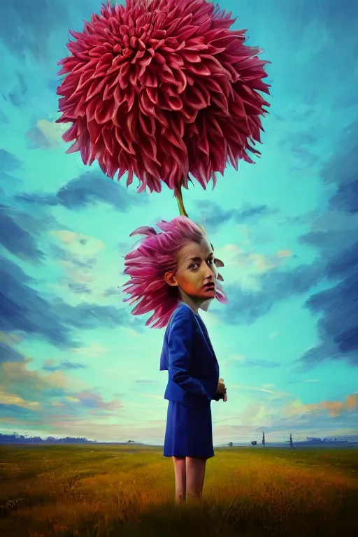 Image similar to closeup giant dahlia flower head, girl in a suit, street, surreal photography, blue sky, sunrise, dramatic light, impressionist painting, digital painting, artstation, simon stalenhag