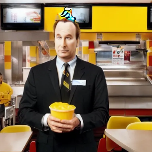 Prompt: Bob Odenkirk works as McDonalds in Mcdonalds uniform