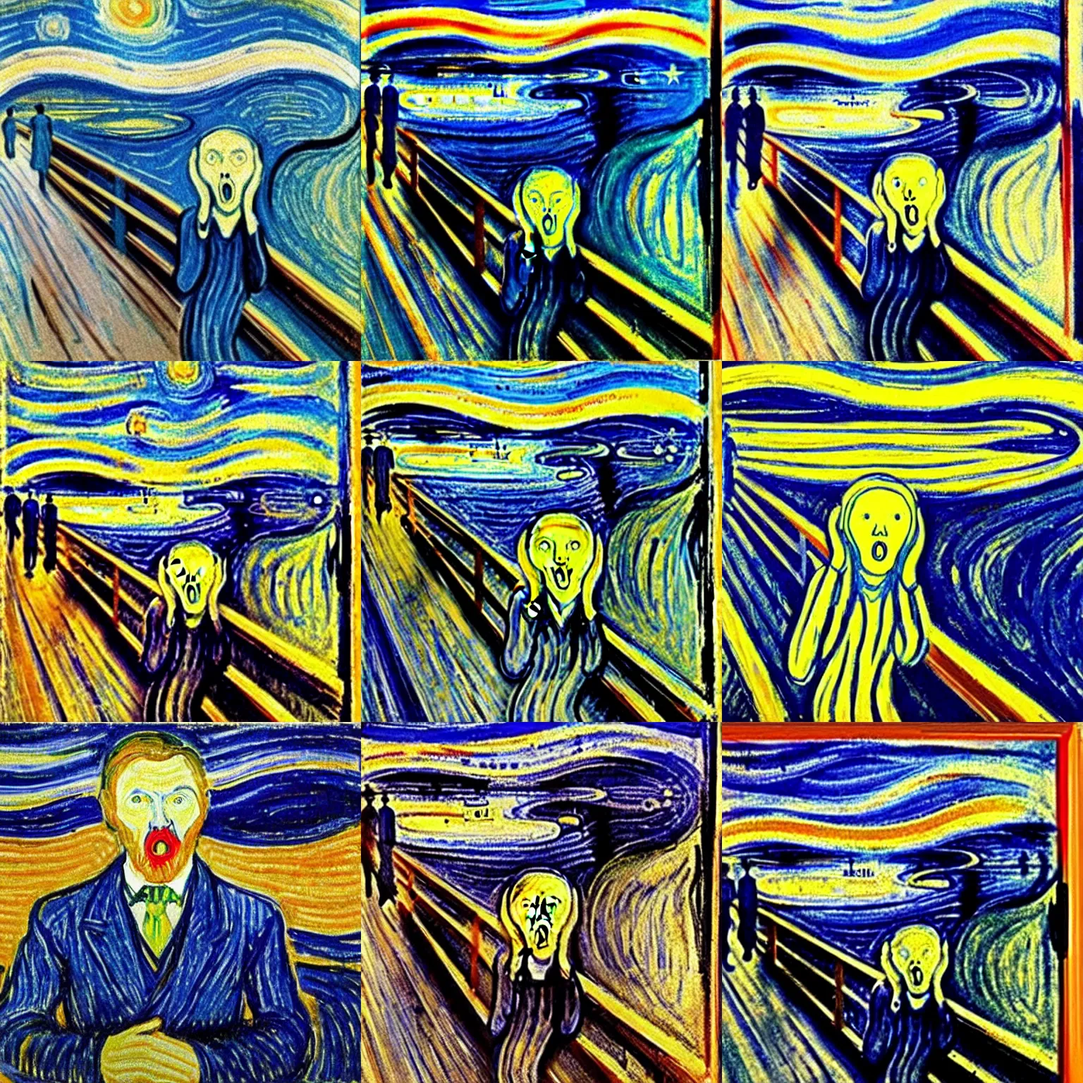 Prompt: painting of edvard munch's the scream, van gogh's the starry night in the background