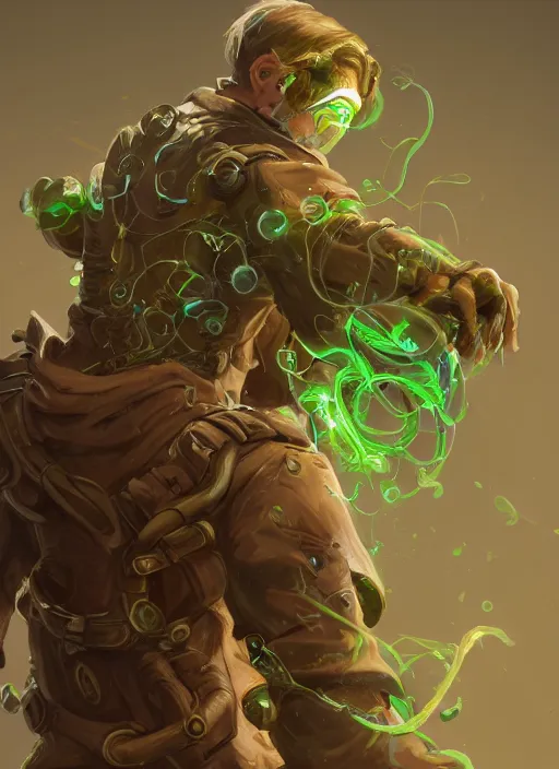 Prompt: a highly detailed illustration of thick wavy brown haired young white guy wearing brown trench coat and wearing green face mask, with many mechanical arms on his back, dramatic hands in pocket standing pose, intricate, elegant, highly detailed, centered, digital painting, artstation, concept art, smooth, sharp focus, league of legends concept art, WLOP