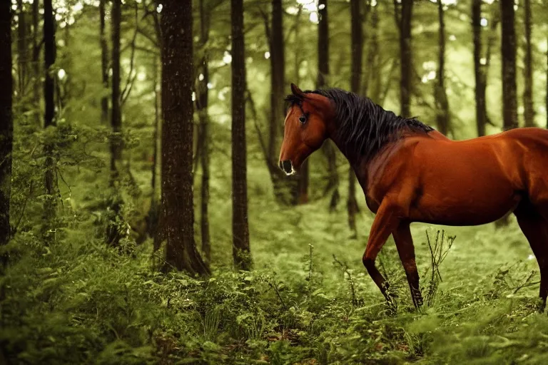 Image similar to beautiful horse in the forest evening natural light, fireflies, 85mm by Emmanuel Lubezki