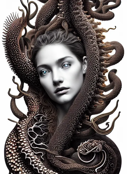 Prompt: ridiculously beautiful young womans face in dark color, layers of intricate swirling dimensions, coral, sea dragons, scales, tentacles, symmetrical, in the style of ernst haeckel, effervescent bubbles, sacred geometry, surrealism, photo realistic, epic and cinematic, 3 d, clear, sharp,