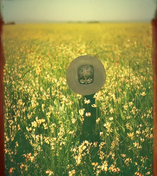 Image similar to mystical death god standing in tall meadow of flowers, distant, vintage film photo, grainy, high detail, high resolution