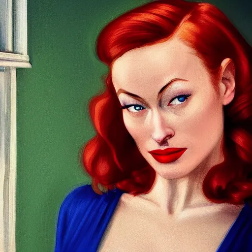 Prompt: A beautiful close-up of a redhead woman who looks like Olivia Wilde and Madonna, dressed like in the 1940s, digital art by Edward Hopper, vibrant color scheme, highly detailed, in the style of romanticism, fine Art, high detail, great lighting, 8k resolution, masterpiece, concept art, illustration, clear eyes, soft lighting, soft details, painting oil on canvas, octane render, HDR, trending on artstation, 4k, 8k, HD