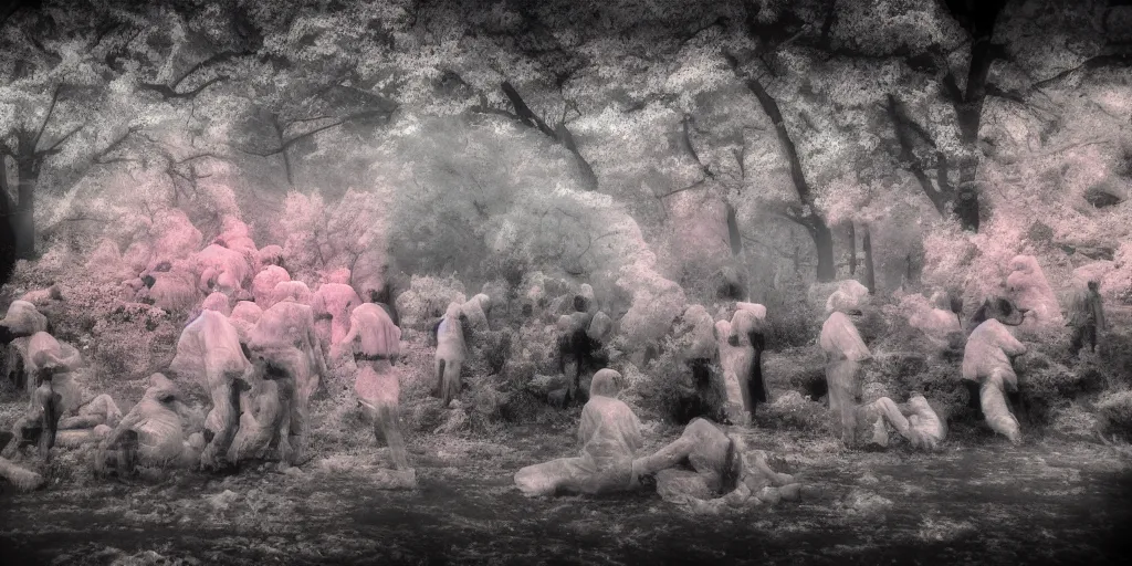 Image similar to love, groups of people in infrared thermal colors, from behind, rebirth, wide angle, cinematic atmosphere, elaborate, highly detailed, thermal heat colors, dramatic lighting