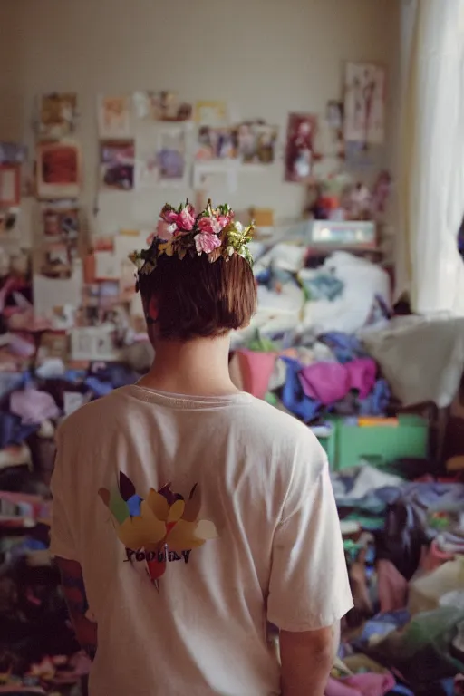 Image similar to kodak portra 4 0 0 photograph of a guy wearing a flower crown in a cluttered messy 9 0 s bedroom, back view, lens flare, moody lighting, moody vibe, telephoto, 9 0 s vibe, blurry background, grain, tranquil, calm, faded!,
