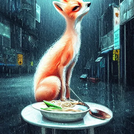 Prompt: white - furred anthropomorphic female vulpes vulpes fulva, eating noodles, in the rain by a noodle kiosk, in crowded and wet street of a city, cyberpunk, harsh neon lights, highly detailed, digital painting, trending on artstation, concept art, sharp focus, illustration, art by artgerm and greg rutkowski and magali villeneuve